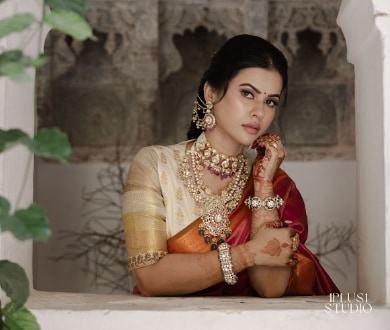 Sharmiela Mandre stunned in a regal South Indian bridal ensemble. (1Plus1 Studio) Sharmiela Mandre stunned in a regal South Indian bridal ensemble. (1Plus1 Studio)