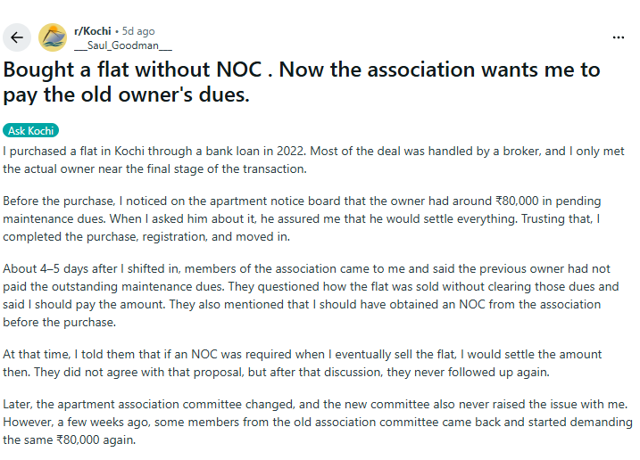 Days after moving into his new apartment, a homebuyer received an unexpected demand: pay ₹80,000 in maintenance charges allegedly left unpaid by the previous owner. (Reddit) Days after moving into his new apartment, a homebuyer received an unexpected demand: pay ₹80,000 in maintenance charges allegedly left unpaid by the previous owner. (Reddit)