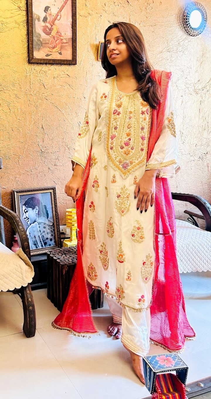 White aari colour resham kurta bejeweled with hand embroidery White aari colour resham kurta bejeweled with hand embroidery