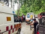 Ambulance and Fire tenders rush to the spot following Samardung tunnel collapse, reportedly trapping 27 workers, in Namchi on Monday.