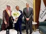 NSA Ajit Doval receives a warm welcome from Saudi Arabia's Deputy Minister for Political Affairs, Saud Al-Sati and Ambassador of India to Saudi Arabia, Suhel Khan, upon his arrival at the airport on July 20th, in Riyadh.
