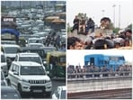 L: traffic congestion on Delhi-Ghaziabad border | R: Police barricading at Punjab-Haryana border over farmers' planned protest rally 
