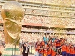 Spain celebrate after being awarded the Fifa World Cup 2026 trophy, at Metcalf Stadium in New Jersey.
