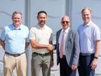 (From left) Ben Cowen of DP World Tour; Cho Minn Thant of the Asian Tour and Guy Kinnings of European Tour Group shaking hands, and Christian Hardy of the PGA Tour