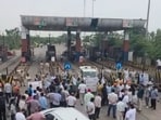 Protesting farmers at Shambhu Toll Plaza in Ambala district. (HT )