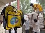 School bags for Govt school students in Ludhiana on Monday. (Gurpreet Singh/HT)