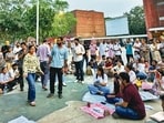 Students during the protest at Sector-17, Chandigarh, on Monday. (HT PHOTO)