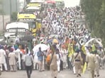 Farmers gather at Shambhu Border (Punjab-Haryana border) ahead of their scheduled march to Delhi today.