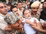 LOP Rahul Gandhi being detained by police during his protest near the Prime Minister's official residence in New Delhi on Tuesday. LOP Rahul Gandhi being detained by police during his protest near the Prime Minister's official residence in New Delhi on Tuesday.