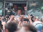 Delhi police detained Rahul Gandhi along with Priyanka Gandhi Vadra, Akhilesh Yadav and others during their protest near the PM house, demanding resignation of education minister Dharmendra Pradhan, in New Delhi on Tuesday.