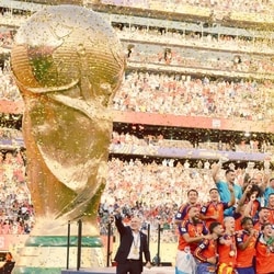 Spain celebrate after being awarded the Fifa World Cup 2026 trophy, at Metcalf Stadium in New Jersey.   