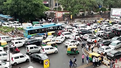 Vehicles stuck in a traffic jam at Connaught Place due to CJP Protest, in New Delhi on Monday. (ANI) Vehicles stuck in a traffic jam at Connaught Place due to CJP Protest, in New Delhi on Monday. (ANI)