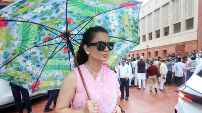 BJP MP Kangana Ranaut at the Parliament premises during the Monsoon Session, in New Delhi on Tuesday. (ANI Photo/Naveen Sharma) (Naveen Sharma) BJP MP Kangana Ranaut at the Parliament premises during the Monsoon Session, in New Delhi on Tuesday. (ANI Photo/Naveen Sharma) (Naveen Sharma)