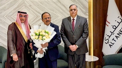 NSA Ajit Doval receives a warm welcome from Saudi Arabia's Deputy Minister for Political Affairs, Saud Al-Sati and Ambassador of India to Saudi Arabia, Suhel Khan, upon his arrival at the airport on July 20th, in Riyadh. (X/ Embassy of India in Saudi Arabia) NSA Ajit Doval receives a warm welcome from Saudi Arabia's Deputy Minister for Political Affairs, Saud Al-Sati and Ambassador of India to Saudi Arabia, Suhel Khan, upon his arrival at the airport on July 20th, in Riyadh. (X/ Embassy of India in Saudi Arabia)