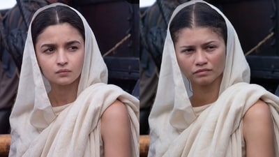 Alia Bhatt as Athea, the goddess if wisdom, warfare and handicraft. In Christopher Nolan's film, the role is played by Zendaya. (Instagram/@mr.hellrender) Alia Bhatt as Athea, the goddess if wisdom, warfare and handicraft. In Christopher Nolan's film, the role is played by Zendaya. (Instagram/@mr.hellrender)