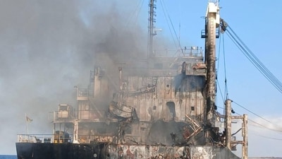 This published photo taken by the Ukrainian Navy and released on July 19, 2026, shows the destroyed civilian cargo ship Golden Leo on the Black Sea, after an alleged Russian missile attack. (AFP) This published photo taken by the Ukrainian Navy and released on July 19, 2026, shows the destroyed civilian cargo ship Golden Leo on the Black Sea, after an alleged Russian missile attack. (AFP)
