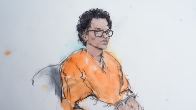 In this courtroom sketch, David Anthony Burke, aka D4vd, appears in court on Tuesday, July 21, in Los Angeles. (Bill Robles via AP) (AP Photo/Bill Robles)