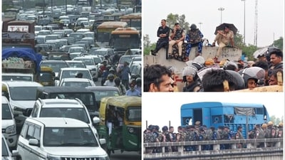 L: Traffic jam on Delhi-Ghaziabad border | R: Police barricade themselves on the Punjab-Haryana border due to a planned farmers' protest march (HT/Sakib Ali and PTI) L: Traffic jam on Delhi-Ghaziabad border | R: Police barricade themselves on the Punjab-Haryana border due to a planned farmers' protest march (HT/Sakib Ali and PTI)