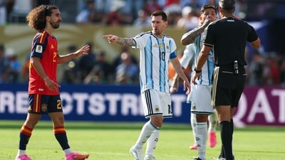 Lionel Messi points at Marc Cucurella as Slovenian referee Slavko Vincic and Enzo Fernandez argue during the 2026 World Cup final (AFP) Lionel Messi points at Marc Cucurella as Slovenian referee Slavko Vincic and Enzo Fernandez argue during the 2026 World Cup final (AFP)