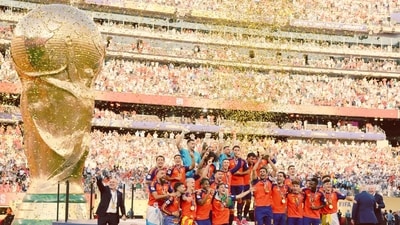 Spain celebrate after being awarded the Fifa World Cup 2026 trophy, at Metcalf Stadium in New Jersey.   
