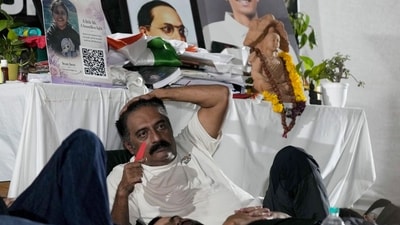 Actor Prakash Raj rests ahead of Cockroach Janata Party's (CJP) protest march, at Jantar Mantar, in New Delhi. Actor Prakash Raj rests ahead of Cockroach Janata Party's (CJP) protest march, at Jantar Mantar, in New Delhi.