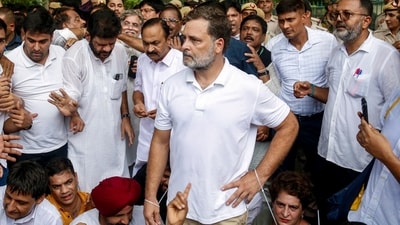 Leader of the Opposition in Lok Sabha Rahul Gandhi along with Congress MPs Priyanka Gandhi Vadra, Hibi Eden and others hold a sit-in protest near the Prime Minister's residence over alleged irregularities in the NEET exam, in New Delhi, Tuesday, July 21, 2026. (PTI) Leader of the Opposition in Lok Sabha Rahul Gandhi along with Congress MPs Priyanka Gandhi Vadra, Hibi Eden and others hold a sit-in protest near the Prime Minister's residence over alleged irregularities in the NEET exam, in New Delhi, Tuesday, July 21, 2026. (PTI)