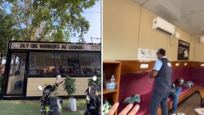 Snippets from a video of an AC lounge for gig workers. (Instagram/@bihar_se_hai) Snippets from a video of an AC lounge for gig workers. (Instagram/@bihar_se_hai)