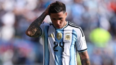 Enzo Fernandez of Argentina reacts as he walks off the pitch after receiving a red card. (Getty Images via AFP) Enzo Fernandez of Argentina reacts as he walks off the pitch after receiving a red card. (Getty Images via AFP)