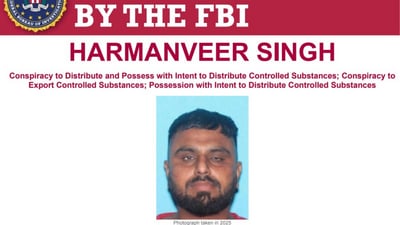 Harmanvir Singh is wanted for his alleged involvement in a transnational criminal organization involved in a conspiracy to distribute and possess with intent to distribute controlled substances. (FBI) Harmanvir Singh is wanted for his alleged involvement in a transnational criminal organization involved in a conspiracy to distribute and possess with intent to distribute controlled substances. (FBI)