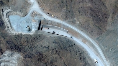 A satellite view of an entrance to the Pickaxe Mountain tunnels in Iran. A satellite view of an entrance to the Pickaxe Mountain tunnels in Iran.