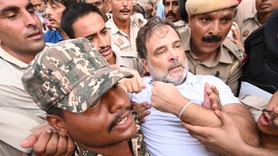 LOP Rahul Gandhi being detained by police during his protest near the Prime Minister's official residence in New Delhi on Tuesday. (Arvind Yadav/HT Photo) LOP Rahul Gandhi being detained by police during his protest near the Prime Minister's official residence in New Delhi on Tuesday. (Arvind Yadav/HT Photo)