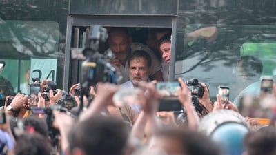 Delhi police detained Rahul Gandhi along with Priyanka Gandhi Vadra, Akhilesh Yadav and others during their protest near the PM house, demanding resignation of education minister Dharmendra Pradhan, in New Delhi on Tuesday. (Raj K Raj/HT Photo) Delhi police detained Rahul Gandhi along with Priyanka Gandhi Vadra, Akhilesh Yadav and others during their protest near the PM house, demanding resignation of education minister Dharmendra Pradhan, in New Delhi on Tuesday. (Raj K Raj/HT Photo)