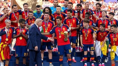 Rodri of Spain talks with US President Donald Trump after being presented the FIFA World Cup Winners Trophy as they celebrate the World Cup champions following the FIFA World Cup 2026 Final. Rodri of Spain talks with US President Donald Trump after being presented the FIFA World Cup Winners Trophy as they celebrate the World Cup champions following the FIFA World Cup 2026 Final.