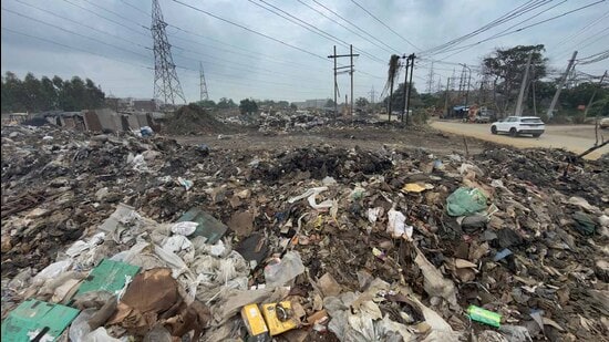 Industrial waste dump in the road side area and green belt in focal point in Ludhiana on Tuesday. (Gurpreet Singh/HT)