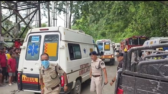 Police personnel at site as rescue operation is underway after 27 workers were trapped in an under construction tunnel after a landslide, in Gangtok, Sikkim, Tuesday, July 21, 2026.