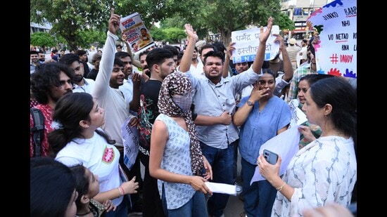 Students during the protest at Sector 17 Plaza for the third day. (Keshav Singh/HT)