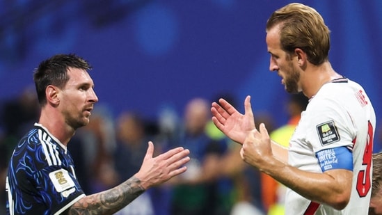 Lionel Messi and Harry Kane shake hands after the 2026 World Cup semi-final.