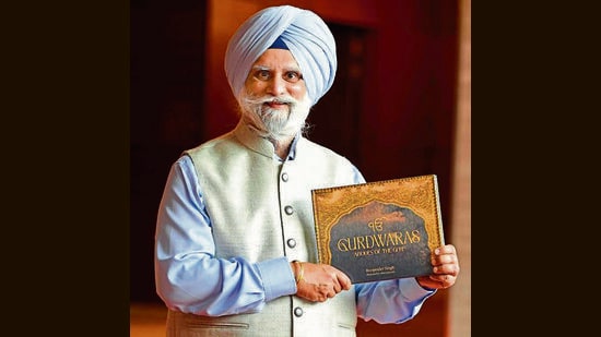 Veteran journalist and author Roopinder Singh with his newly launched book ‘Gurdwaras-Abodes of the Guru’. (HT Photo)