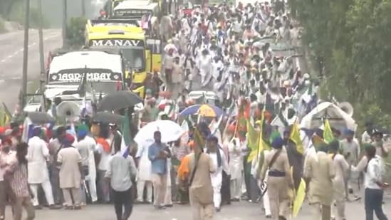 Farmers gather at Shambhu Border (Punjab-Haryana border) ahead of their scheduled march to Delhi today.