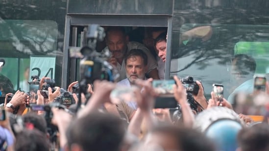 Delhi police detained Rahul Gandhi along with Priyanka Gandhi Vadra, Akhilesh Yadav and others during their protest near the PM house, demanding resignation of education minister Dharmendra Pradhan, in New Delhi on Tuesday.