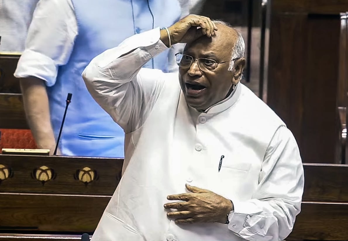 Rajya Sabha LoP Mallikarjun Kharge speaks in Rajya Sabha on the first day of the Monsoon Session of Parliament, in New Delhi on Monday. (Sansad TV) Rajya Sabha LoP Mallikarjun Kharge speaks in Rajya Sabha on the first day of the Monsoon Session of Parliament, in New Delhi on Monday. (Sansad TV)