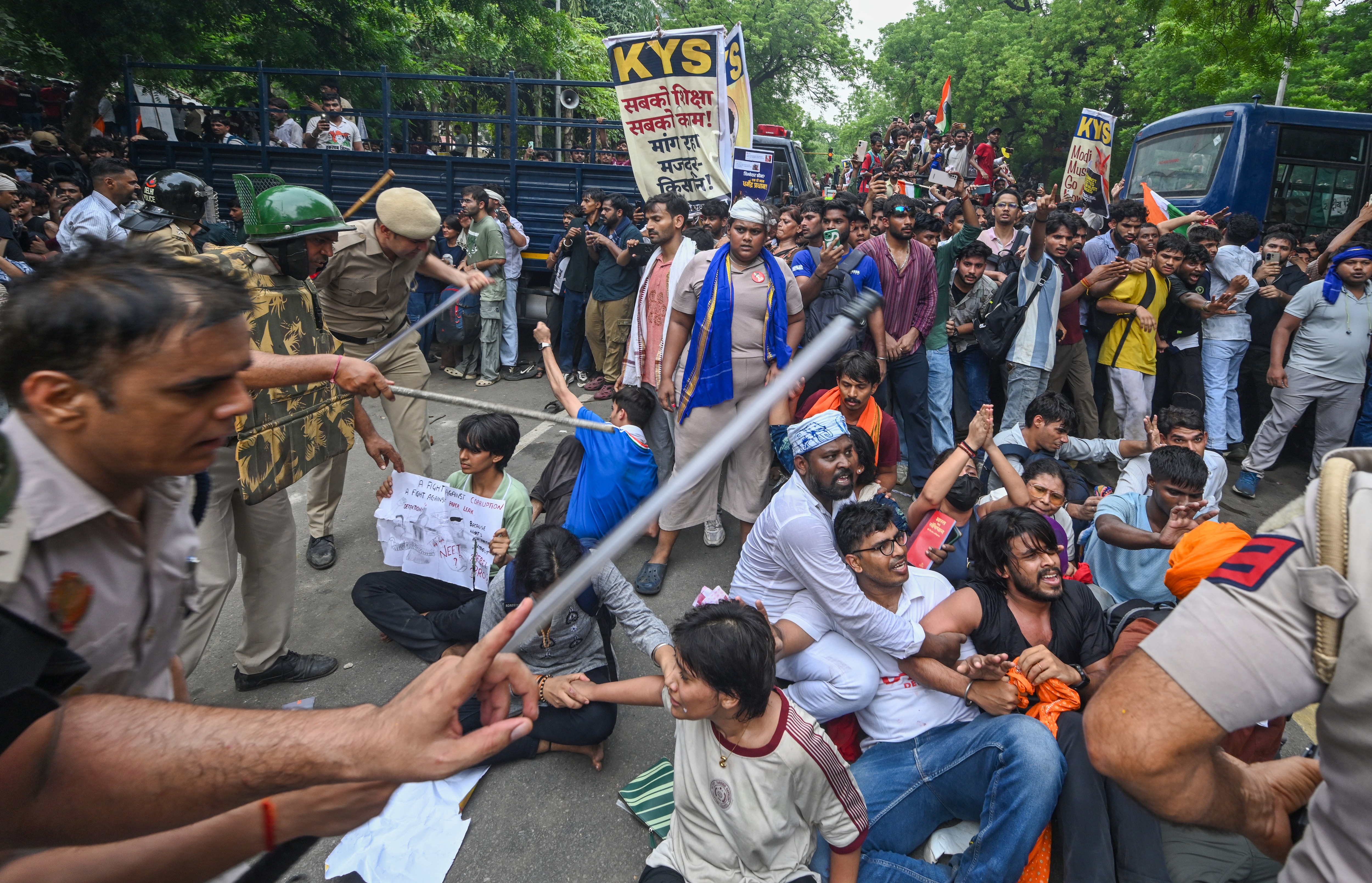 Security personnel carry out a lathi charge during a CJP protest march near the Parliament building, in New Delhi, India, on Monday, July 20, 2026. (RAJ K RAJ / Hindustan Times) Security personnel carry out a lathi charge during a CJP protest march near the Parliament building, in New Delhi, India, on Monday, July 20, 2026. (RAJ K RAJ / Hindustan Times)
