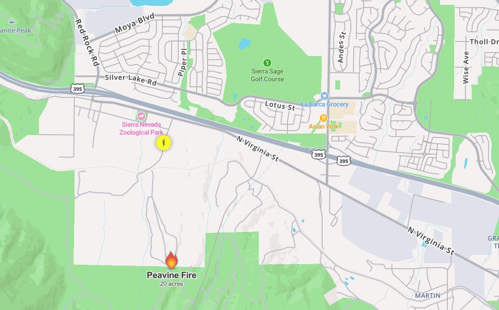 Peavine fire is located south of Sierra Nevada Zoological Park, (Mapbox via Watch Duty) Peavine fire is located south of Sierra Nevada Zoological Park, (Mapbox via Watch Duty)