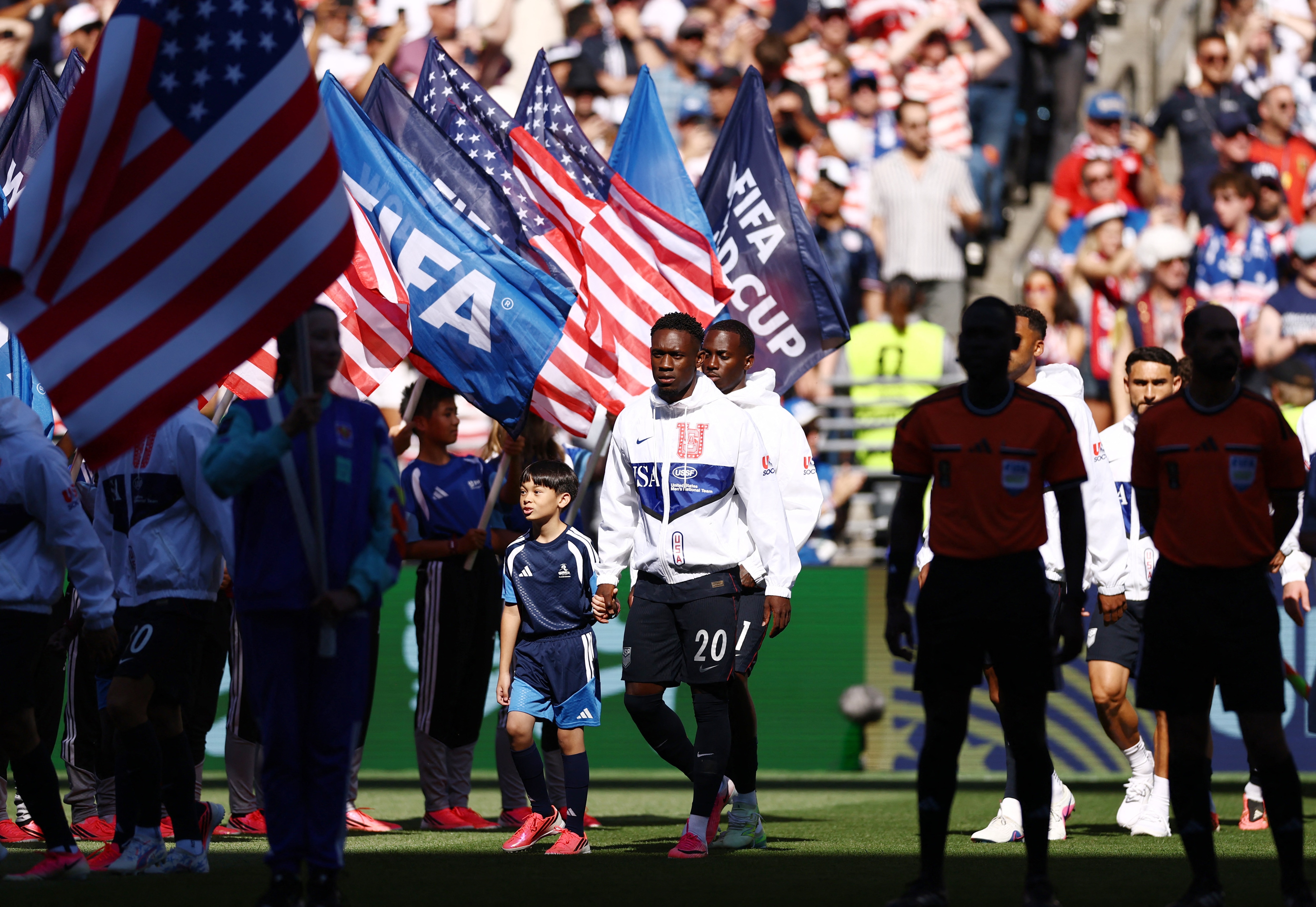 Folarin Balogun of the U.S. walks out before the match (REUTERS)