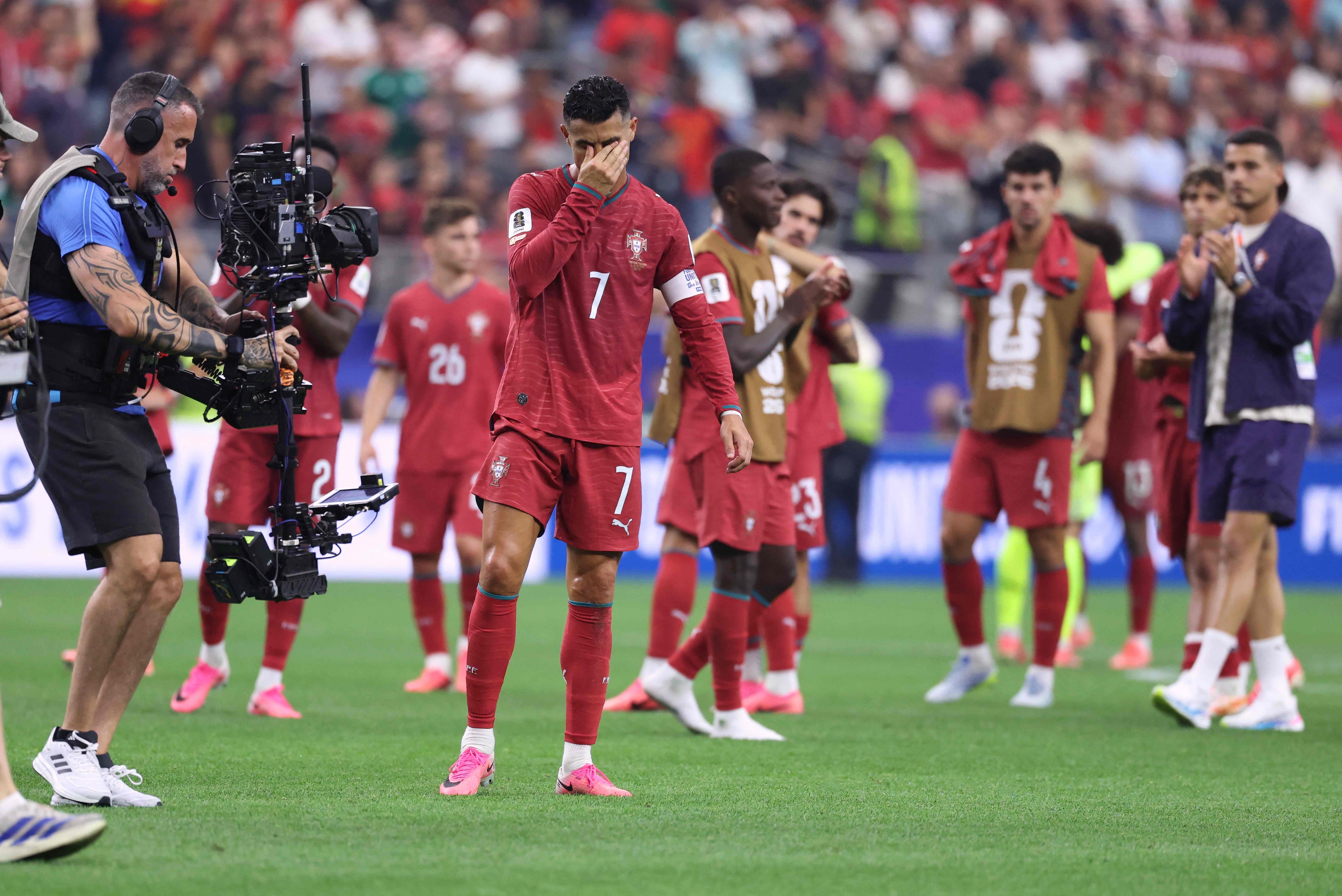 Portugal's forward #07 Cristiano Ronaldo reacts after losing the 2026 World Cup round of 16 football match between Portugal and Spain at the Dallas Stadium (AFP) Portugal's forward #07 Cristiano Ronaldo reacts after losing the 2026 World Cup round of 16 football match between Portugal and Spain at the Dallas Stadium (AFP)