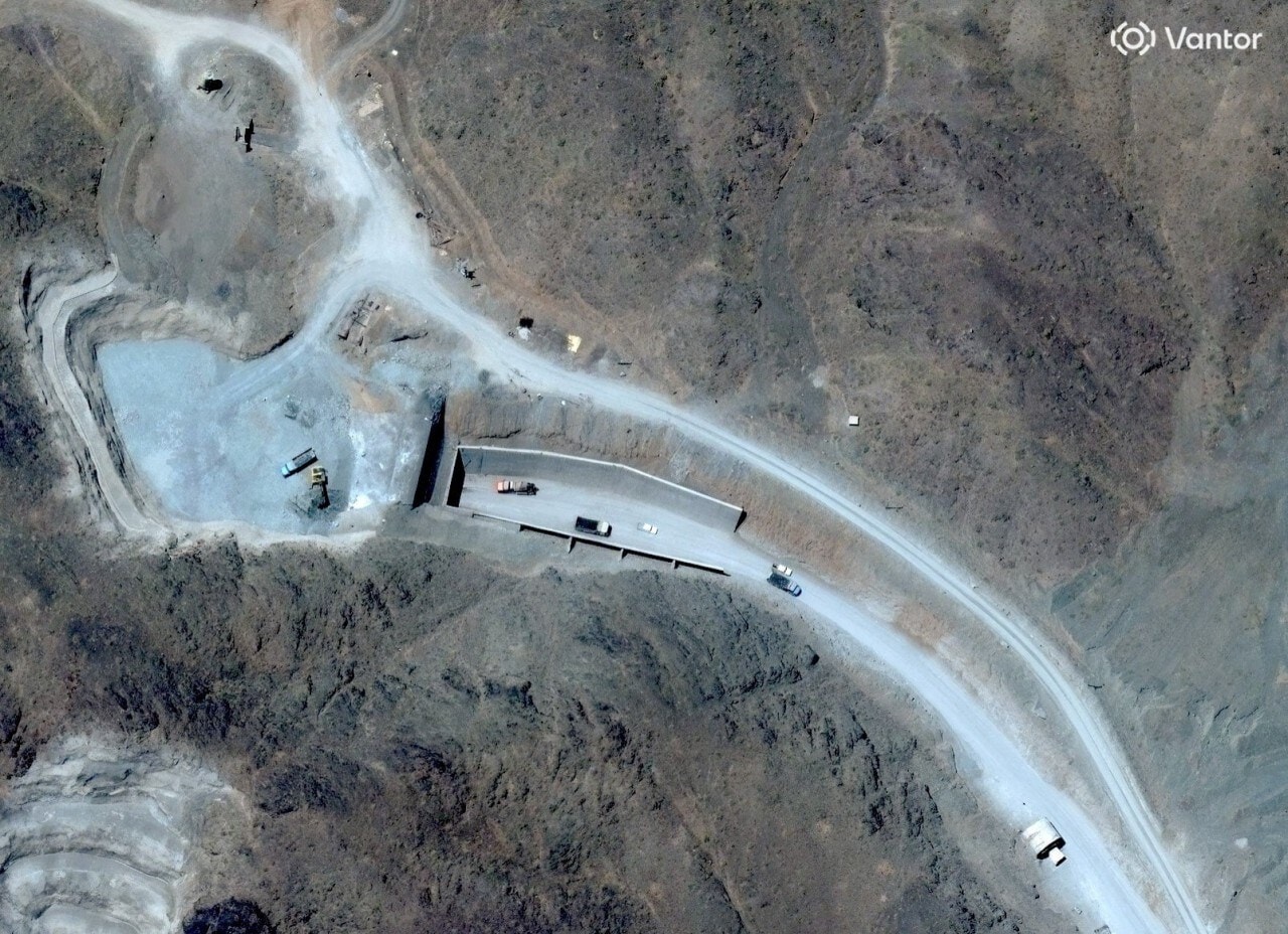 A satellite view of an entrance to the Pickaxe Mountain tunnels in Iran.