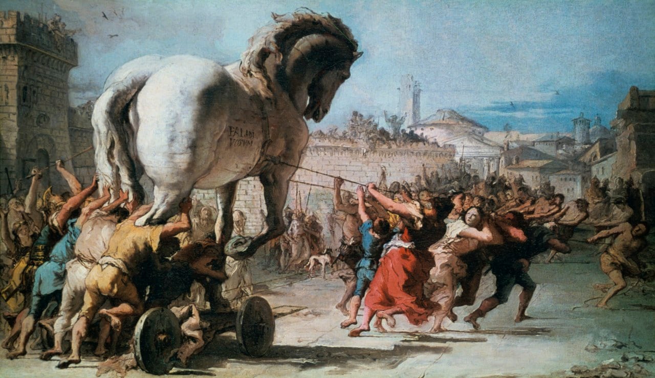 Giovanni Domenico Tiepolo’s ‘The Procession of the Trojan Horse into Troy’ circa 1760. Giovanni Domenico Tiepolo’s ‘The Procession of the Trojan Horse into Troy’ circa 1760.