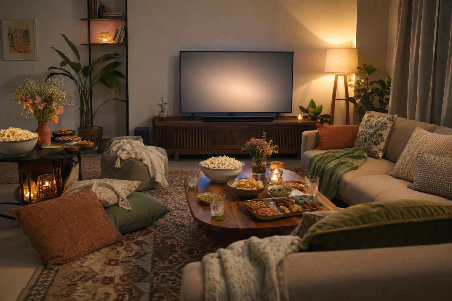 From dedicated snacks table to cosy seating, know how you can create a movie night space. (Picture credit: AI generated) From dedicated snacks table to cosy seating, know how you can create a movie night space. (Picture credit: AI generated)