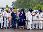 A large number of farmers from Ambala and Kurukshetra who attempted to reach Delhi were detained by the police at various locations in Kurukshetra. (PTI)