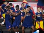 Players from Spain's national soccer team perform for fans at Cibeles Square in Madrid on Monday, July 20, 2026, after Spain defeated Argentina in the World Cup final